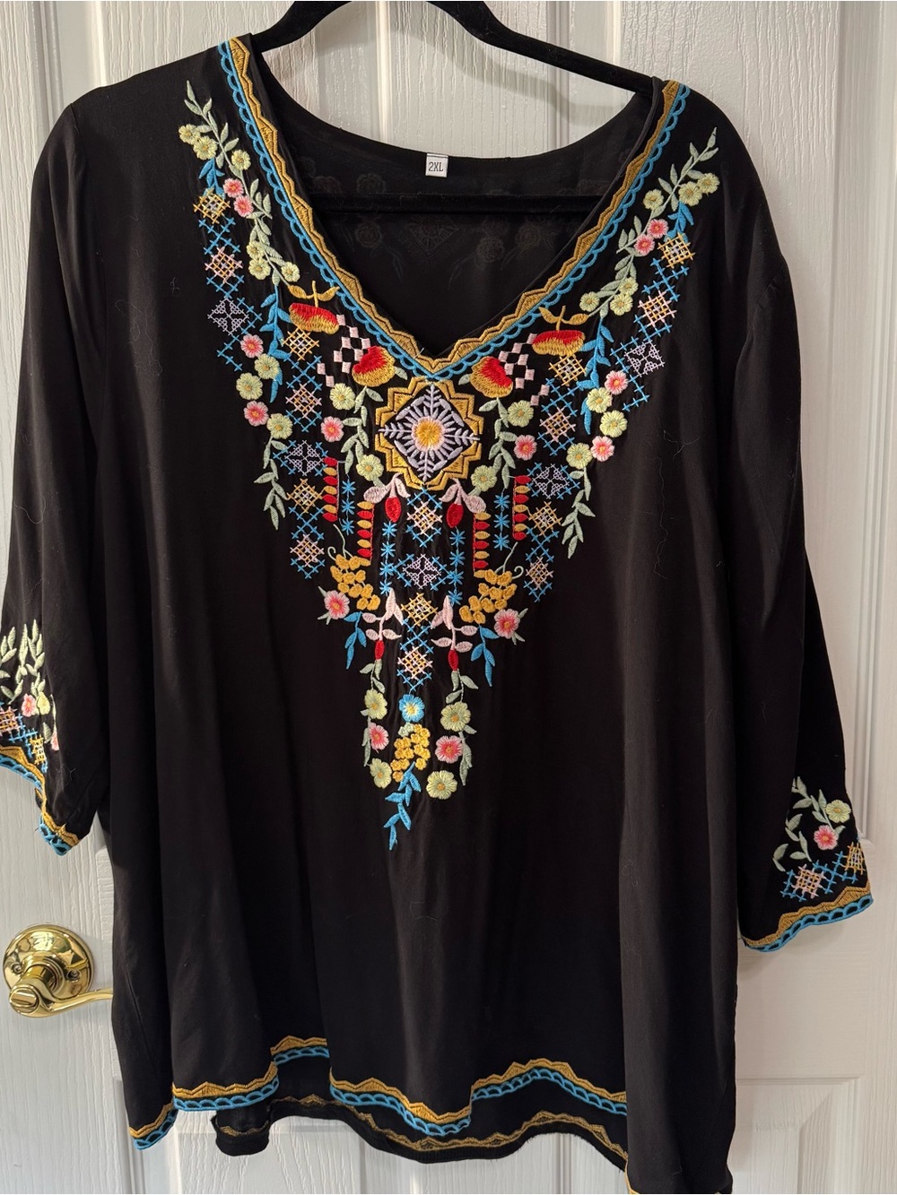 Embroidered Black V-Neck Women's Top - Floral Multicolor Accent